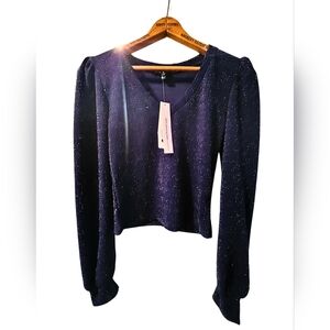 AQUA by Bloomingdale's Navy Blue Sequin Fitted Blouse